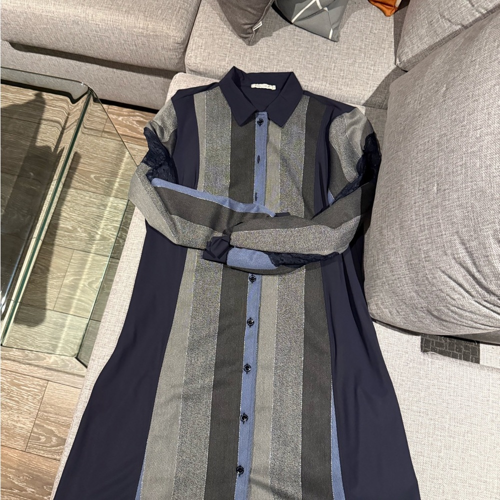 Malo Navy and Gray Long Sleeve Dress